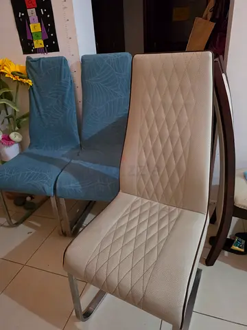 Set of 6 Modern Dining Chairs — Beige and Blue, Good Condition