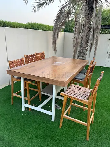 Price drop - Solid Wood Outdoor Dining Table with 6 leather Woven Chairs