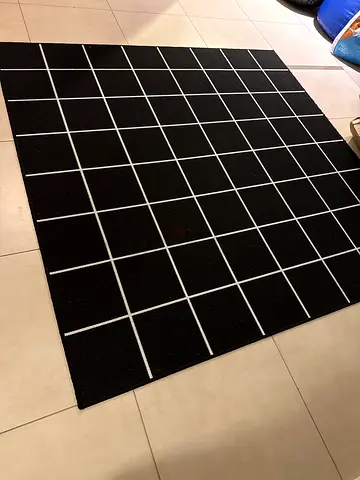 Black grid modern rug - good condition, 200x140 cm (approx.) +2 Beanbag chairs Blue and Black