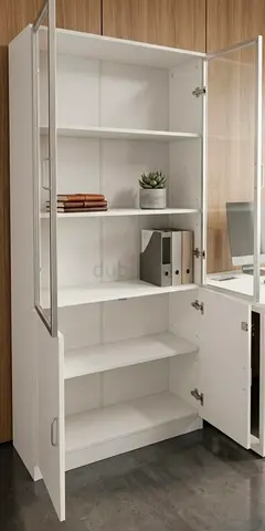 White Glass-Door Storage Cabinet — Tall Office/Bookshelf