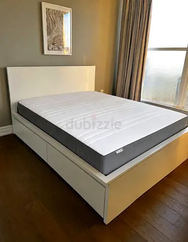 IKEA malam queen‑size bed (160 × 200 cm) with 2 storage drawers underneath and an IKEA mattress ✨
