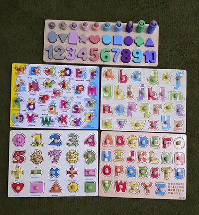 Set of 5 Wooden Alphabet  Number Peg Puzzles - Educational Toddler Toys