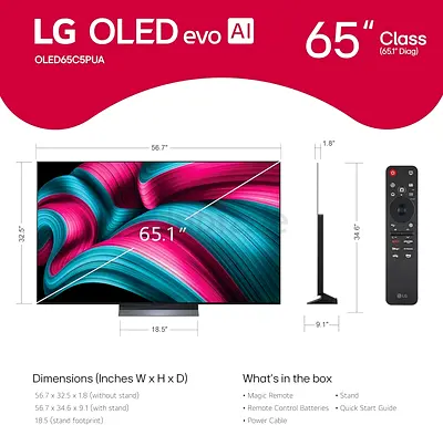 LG 65-Inch Class OLED evo AI 4K C5 Series Smart TV w/Dolby Atmos, Dolby Vision, HDR10, AI Super Upsc