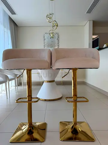Pair of Beige Velvet Bar Stools with Gold Base (Adjustable Height) from Vanity Living
