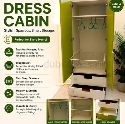 Green  White Wardrobe / Dress Cabin with Drawers and Wire Basket - Gently Used