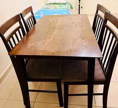 Wooden 4-Seater Dining Table with Chairs - Dark Brown, Used