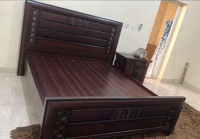 Solid Dark Wood Double Bed with Headboard and Footboard