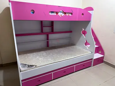 Pink  White Kids Bunk Bed with Storage and Built-in Stairs