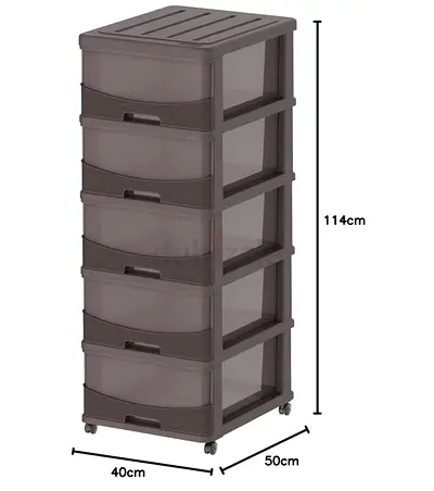 Tall 5-Drawer Plastic Storage Tower on Wheels - Brown, 114cm
