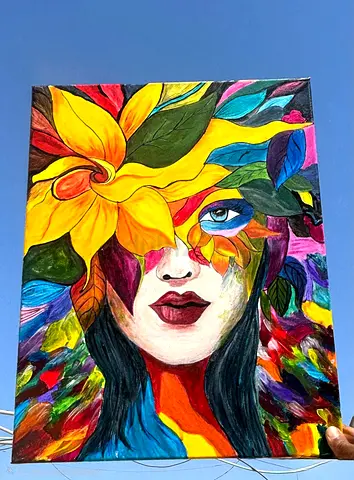 Vibrant Floral Face — Original Colorful Acrylic Painting on Canvas