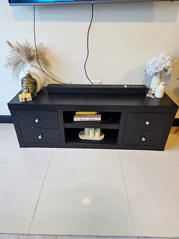 Dark wood TV cabinet with drawers and open shelves - great condition