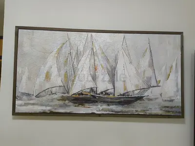 Real Painting, Large framed sailing ships painting - neutral tones, textured canvas 160x80 cms on65%