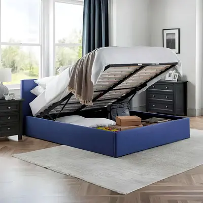 Blue linen hydraulic king bed
