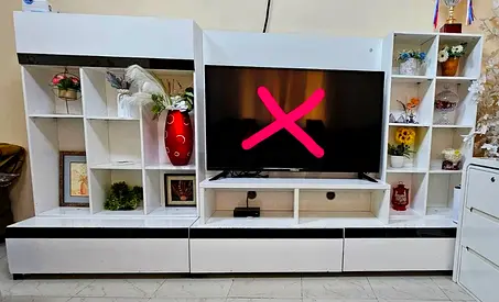 White entertainment TV unit with shelving and drawers