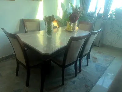 Royaloak Texas America Marble and Solid wood dining table with 6 upholstered chairs - good condition