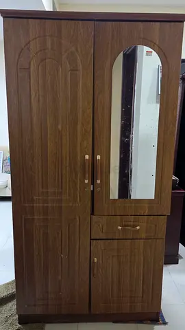 Wood-effect 3-door wardrobe with mirror and drawers - good condition