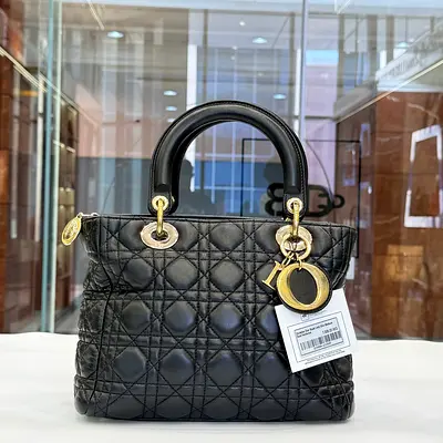 Black Quilted Leather Lady Dior Handbag with Gold Hardware