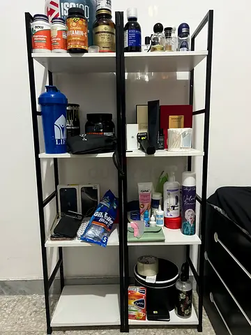 Hiring selling, Metal frame shelving unit with 4 white shelves - good condition