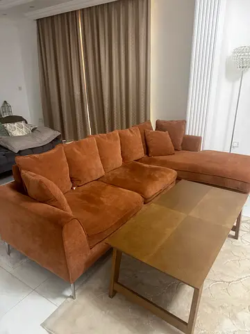 Brown L-shaped Sofa with Cushions - Good Condition