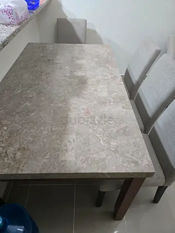 Marble-top Dining Table with 4 Upholstered Chairs - Good Condition