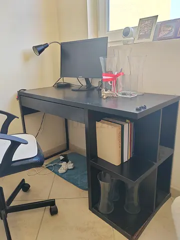 Compact Black Work Desk with Built-in Shelves