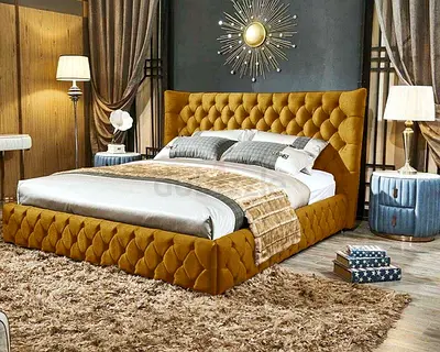 Spacious Plush Tufted Velvet King Bed Frame - Mustard Gold