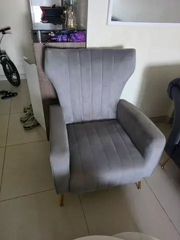 Grey upholstered accent armchair and sofa set with gold legs - good condition