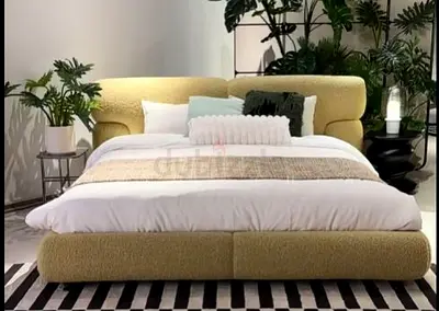 Curved Upholstered Double Bed with Plush Headboard without mattress