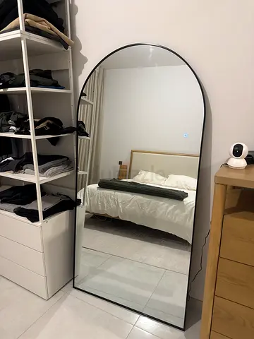 Large Full-Length Arched Floor Mirror with Black Frame and 3 light modes