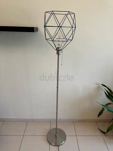 Modern geometric metal floor lamp — black wire cage shade, standing lamp