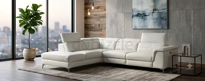 White leather L-shaped sectional sofa with adjustable headrests