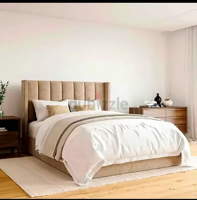 Beige King bed with madical mattress Padded Headboard