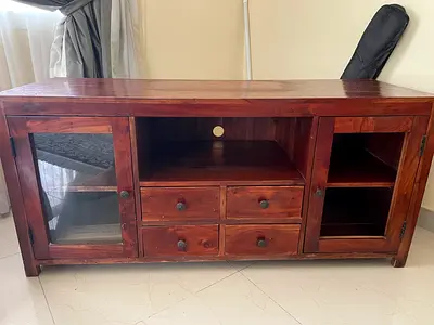 Solid Wood TV Console Cabinet with Glass Doors and Drawers