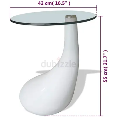 Modern White Glass Top Side Table - 55cm Height, Curved Base