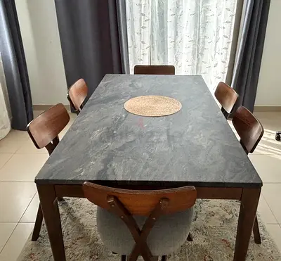 Solid Wood Dining Table with 6 Chairs and Dark Stone-Effect Top