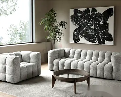 Modern Grey Tufted Sofa and Armchair Set with Rug