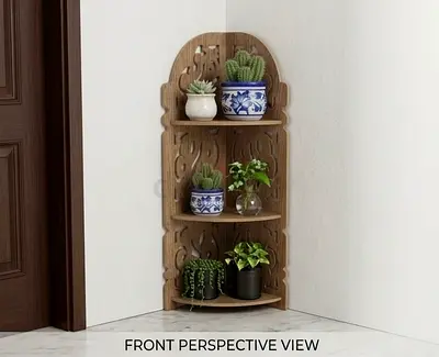 Wooden Carved Corner Shelf - 3-Tier Decorative Plant Stand