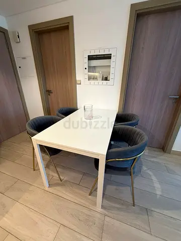 Set of 4 Grey Velvet Dining/Accent Chairs with Gold Legs with table from IKEA White