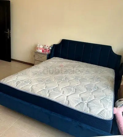 Queen size upholstered bed frame with mattress - navy blue