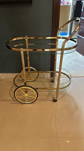 Gold Metal and Glass Bar Serving Trolley on Wheels