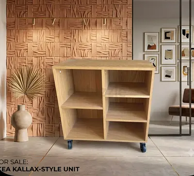 Modern Wooden Shelving Unit with Wheels