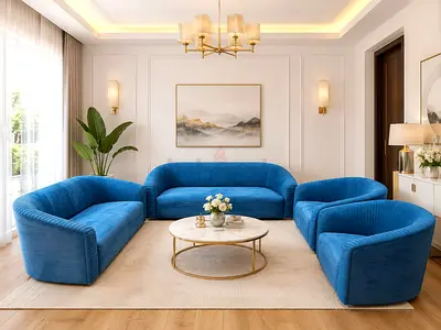 Blue Velvet 3-Piece Curved Sofa Set — Modern Living Room