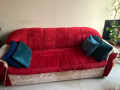 Red velvet 3-seater sofa with beige base - good condition