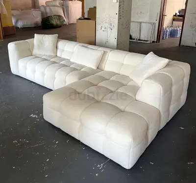 Large White Tufted Modular L-Shape Sofa with Ottoman - Modern Cozy Design