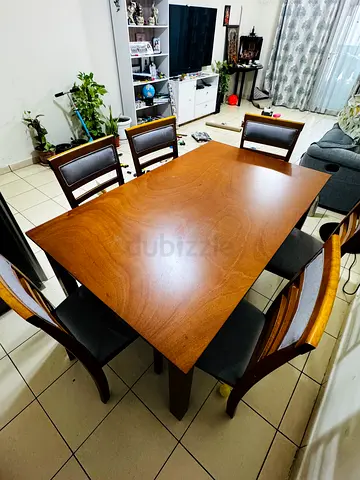 Solid Wood 6-Seater Dining Table with Chairs - Good Condition