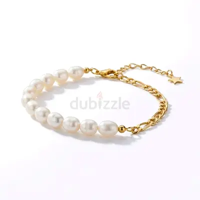 Half Freshwater Pearl Half Gold Plated Chain Bracelet | Elegant Minimal Jewelry UAE