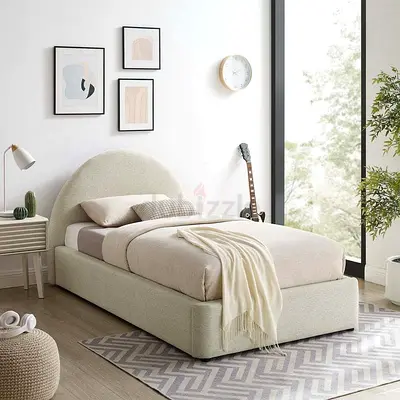 Single upholstered bed with rounded headboard - beige, modern