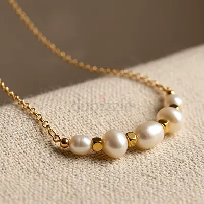 Freshwater Pearl 18K Gold Plated Delicate Necklace | Chic Pearl Chain with Gold Cube Accents