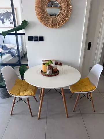 Round White Dining Table with 2 Modern Chairs - Compact Set