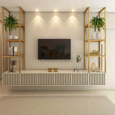Wall-mounted TV Console with Gold Open Shelves - Modern Entertainment Unit